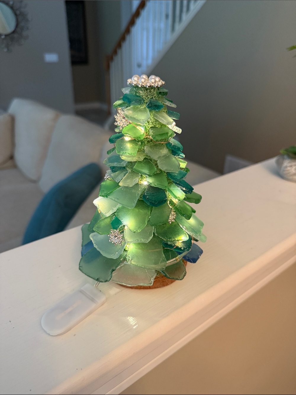 Hand Crafted Sea Glass Holiday Tree in Green and Teal with Pearl Top